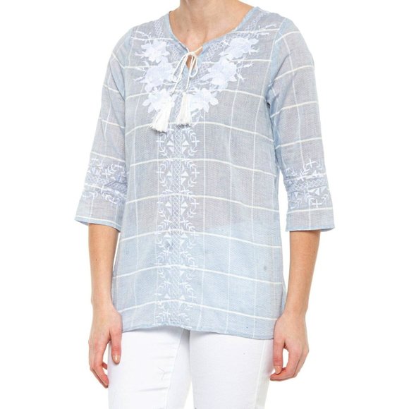 PAPARAZZI Embroidered Blouse with Tassels - 3/4 Sleeve - Blue Plaid - RETAIL=$45 - Picture 1 of 2